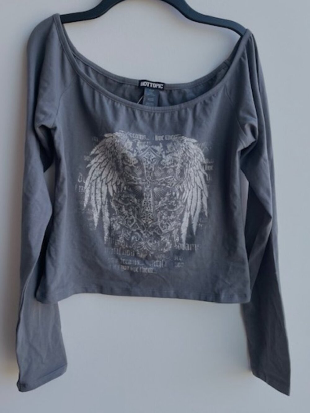 Hot Topic Grey Winged Cross Off the Shoulder Long Sleeve Cropped Top XL NE